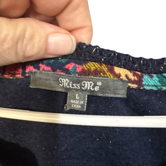 Miss Me Womens L Floral Metallic Knit Sweater Navy & Multicolor Long Sleeve - Picture 4 of 6